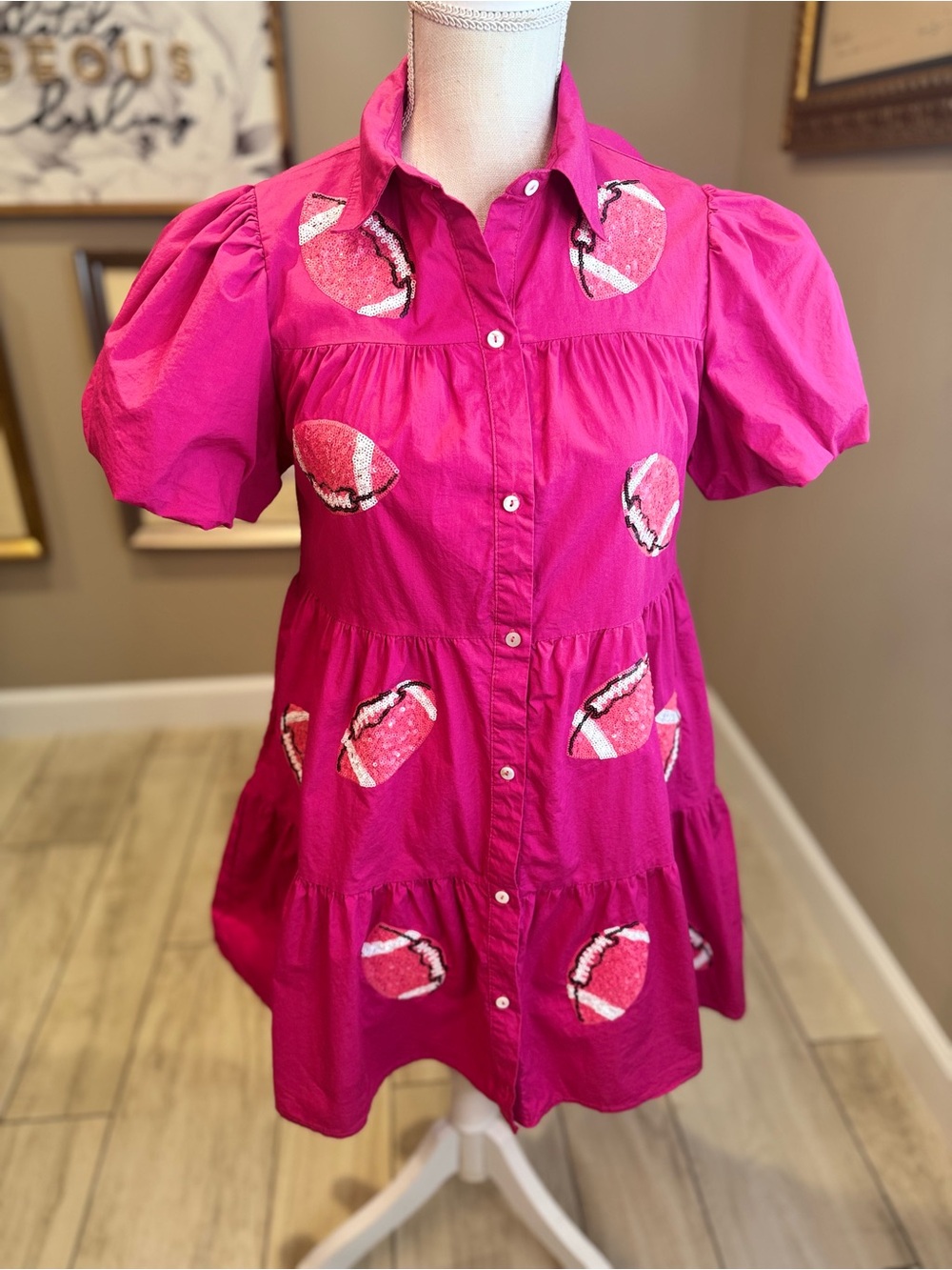 Peach Love Fuchsia Puff-Sleeve Sequin Football Tiered Mini Dress